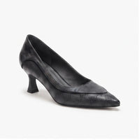 Black leather heels on a white background