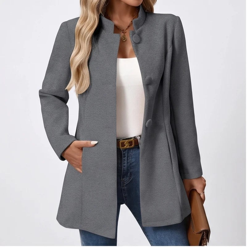 Model wearing Gray jacket in a studio