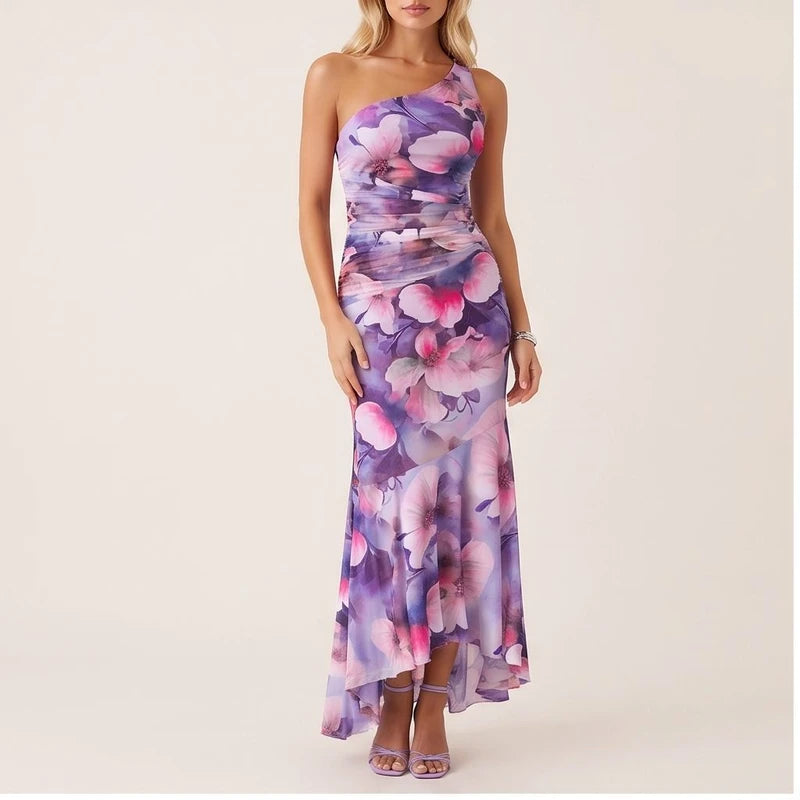Model wearing Purple dress in a studio