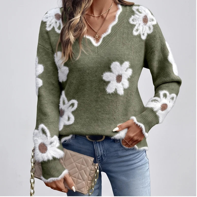 Model wearing Green knit sweater in a studio