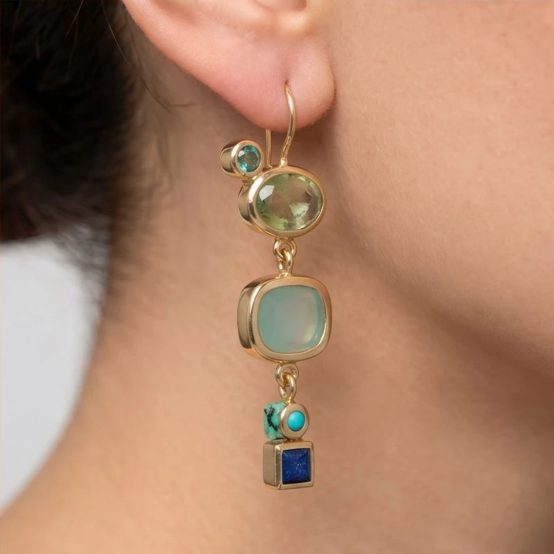 Model wearing Astoria Green Stone Drop Earrings Astoria Green Stone Drop Earrings close-up - 4