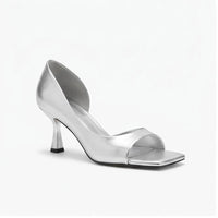 Silver leather heels on a white background