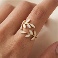 Model wearing Adjustable Pure - White Opal Leaf Adjustable Ring close-up - 3