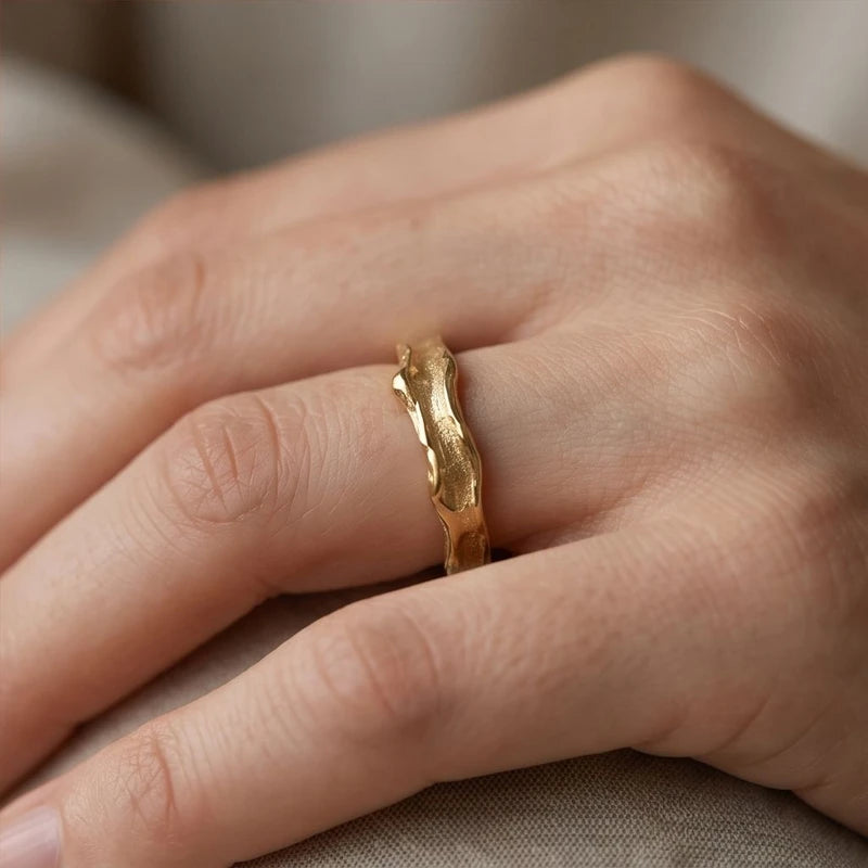 Model wearing 6 Aurelia Hammered Gold Ring close-up - 3