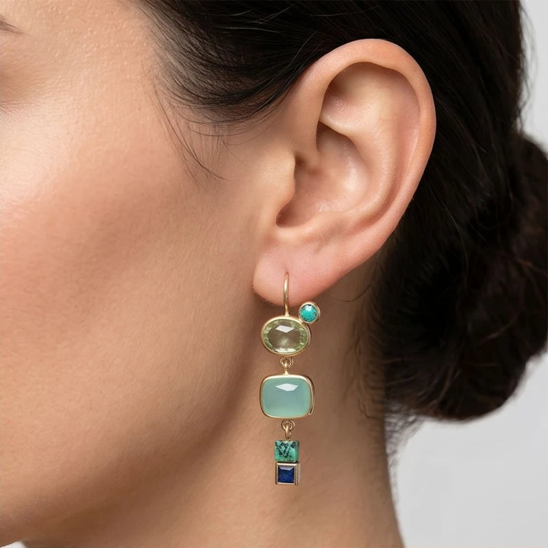 Model wearing Astoria Green Stone Drop Earrings Astoria Green Stone Drop Earrings close-up - 2