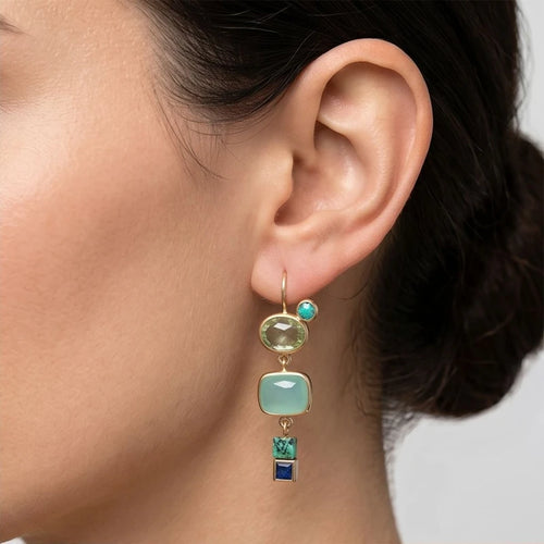 Model wearing Astoria Green Stone Drop Earrings Astoria Green Stone Drop Earrings close-up - 2