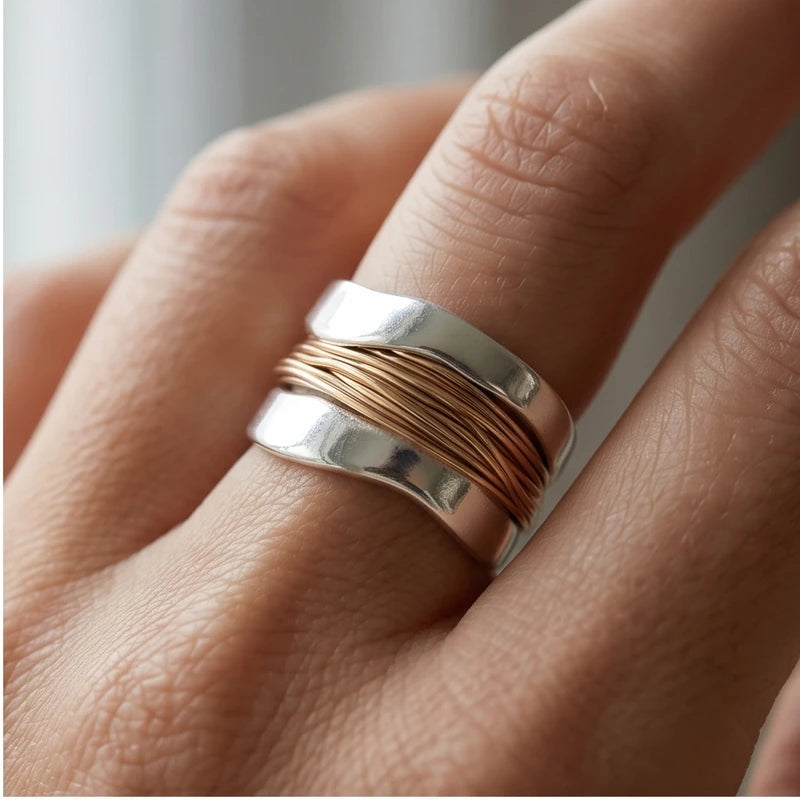 Model wearing 6 Fortuna Genuine Sterling Silver Ring with Rose Gold Wrap close-up - 2