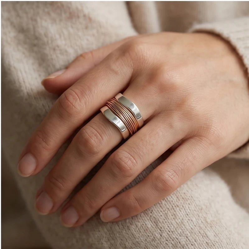 Model wearing 6 Fortuna Genuine Sterling Silver Ring with Rose Gold Wrap close-up - 3