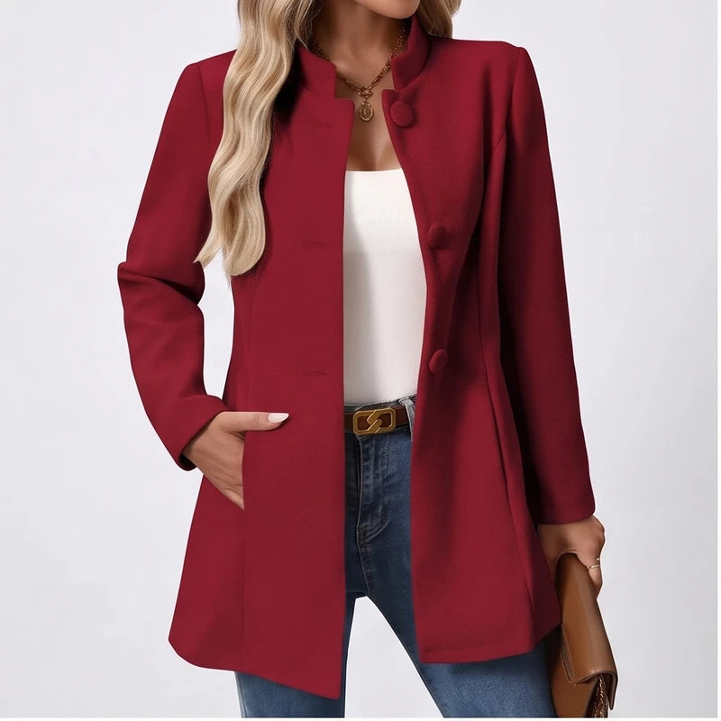 Model wearing Red jacket in a studio