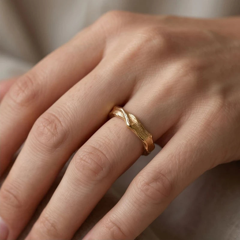 Model wearing 6 Aurelia Hammered Gold Ring close-up - 2