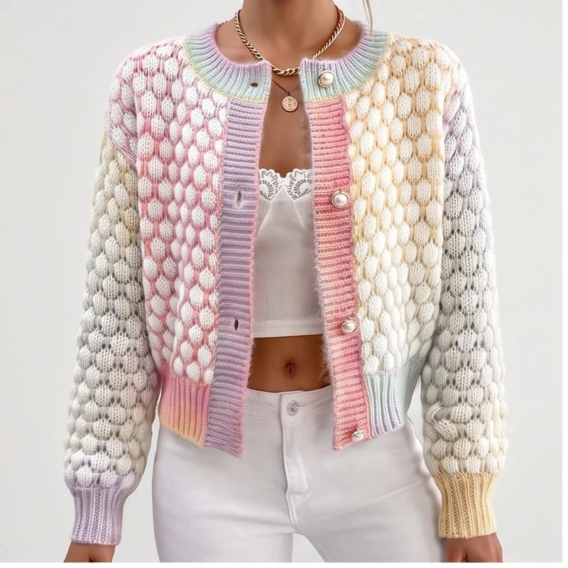 Model wearing S knit cardigan in a studio
