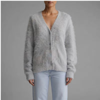 Model wearing Light Gray cashmere cardigan in a studio - 2