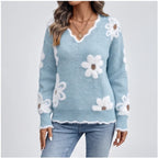 Model wearing Light Blue knit sweater in a studio