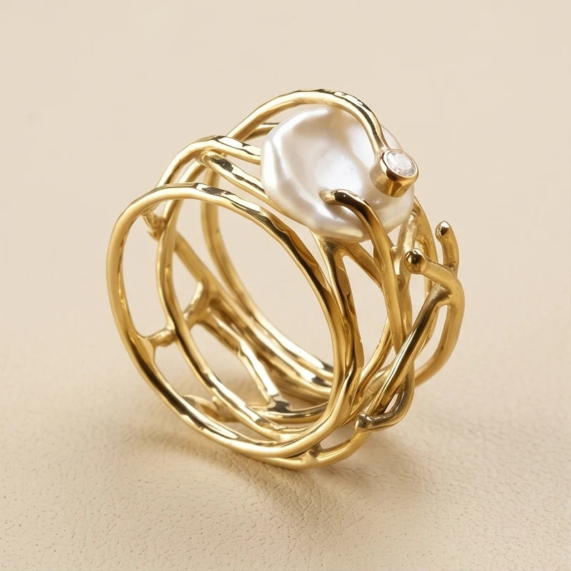 6 Samira - Thin Golden & Pearl Ring product photo