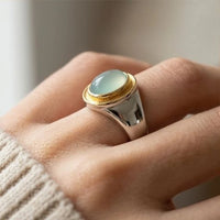 Model wearing 6 Gabi - Vintage Green Moonstone Ring close-up - 3