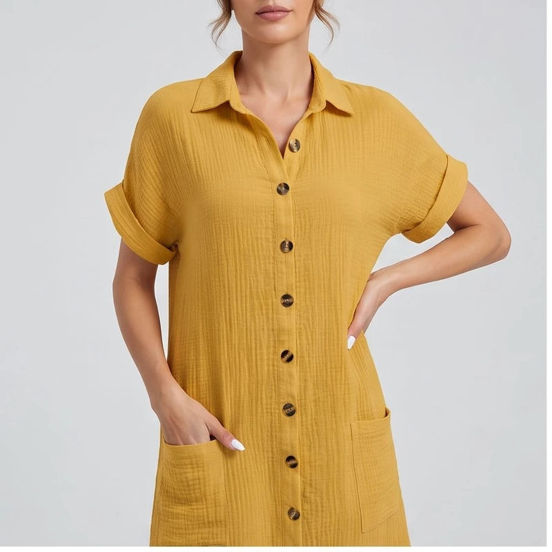 Model wearing Yellow shirt in a studio