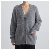 Model wearing Dark Gray cashmere cardigan in a studio - 2