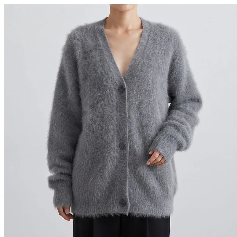 Model wearing Dark Gray cashmere cardigan in a studio - 2