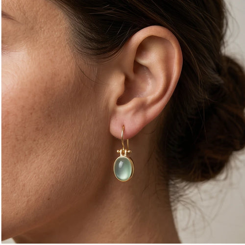 Model wearing Callista Green Moonstone Drop Earrings Callista Green Moonstone Drop Earrings close-up - 2