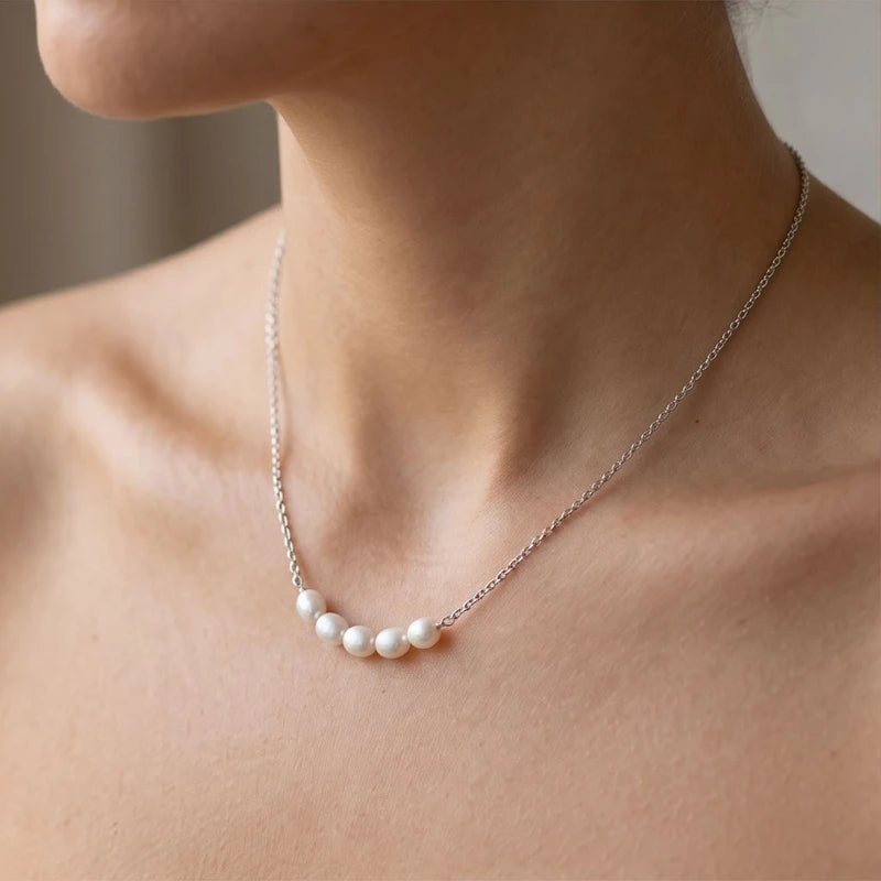 Model wearing Silver Aurea Pearl Necklace close-up - 2