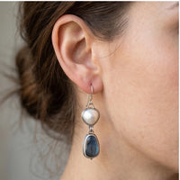 Model wearing Celeste Vintage Blue Gem & Pearl Drop Earrings Celeste Vintage Blue Gem & Pearl Drop Earrings close-up - 3