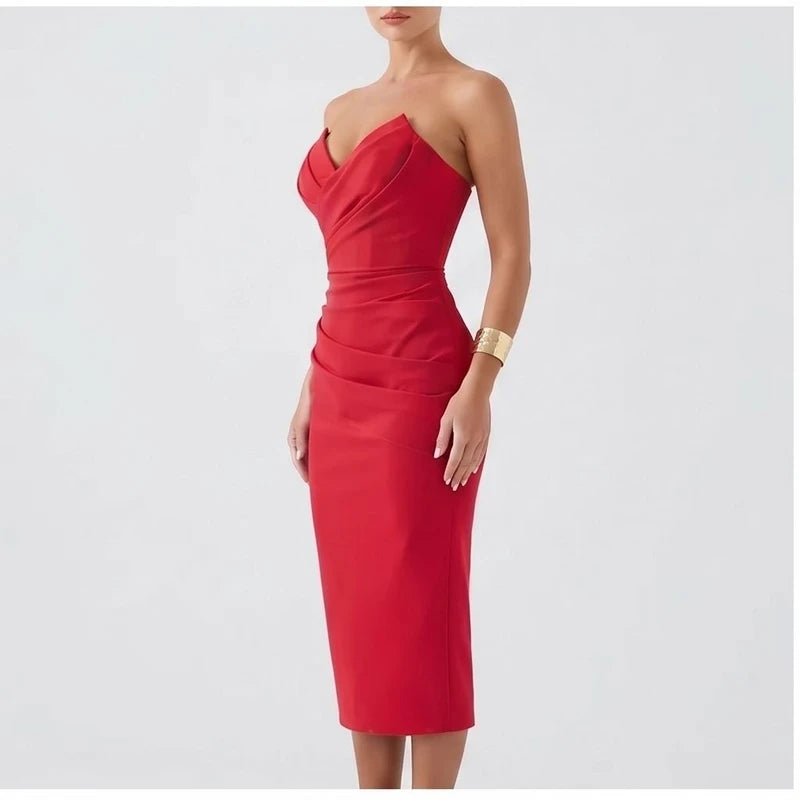 Model wearing Red dress in a studio