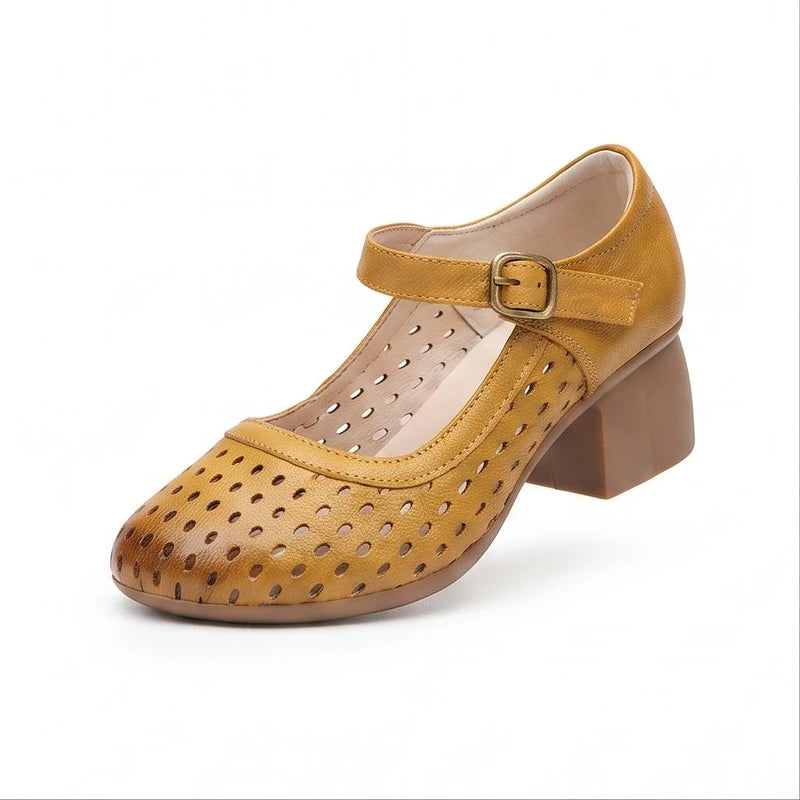 Brown leather heels on a white background