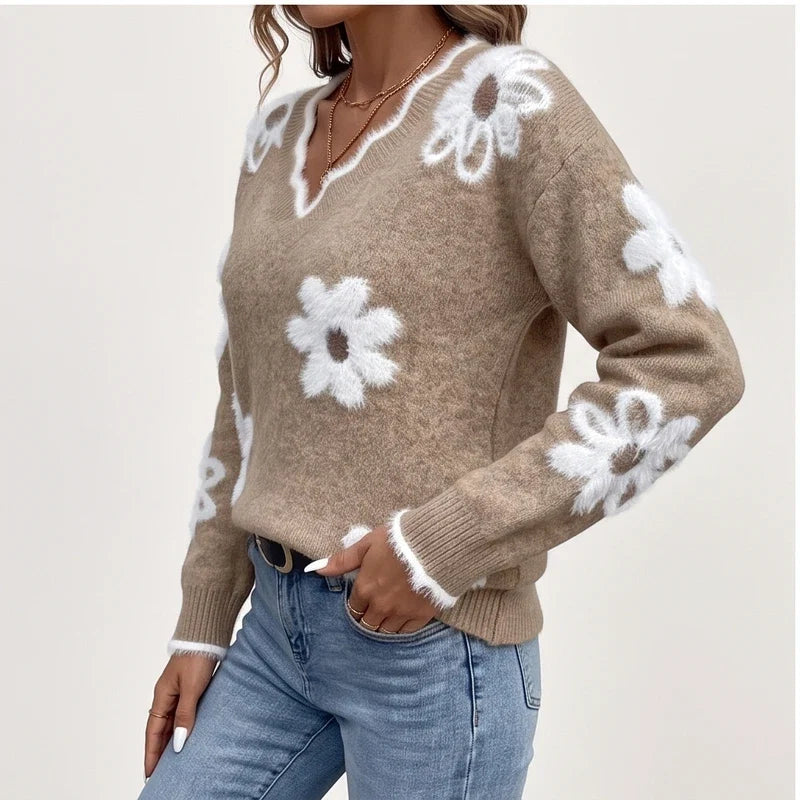 Model wearing Khaki knit sweater in a studio