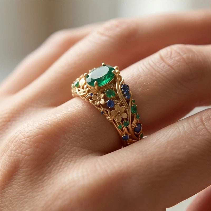 Model wearing Verdana Emerald Gemstone Gold Ring Verdana Emerald Gemstone Gold Ring close-up - 3