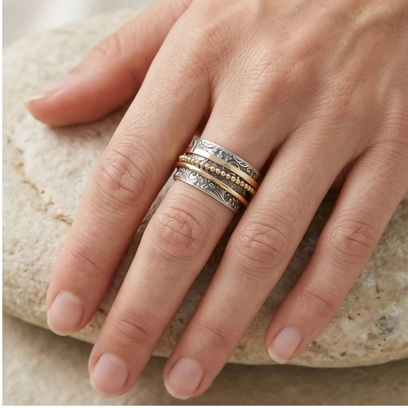 Model wearing 6 Celestine Vintage Gold & Silver Antique Ring close-up - 2