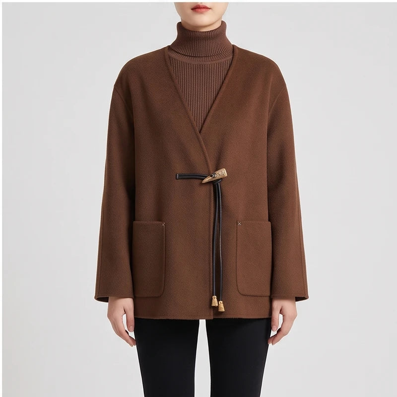 Model wearing Camel coat in a studio - 2