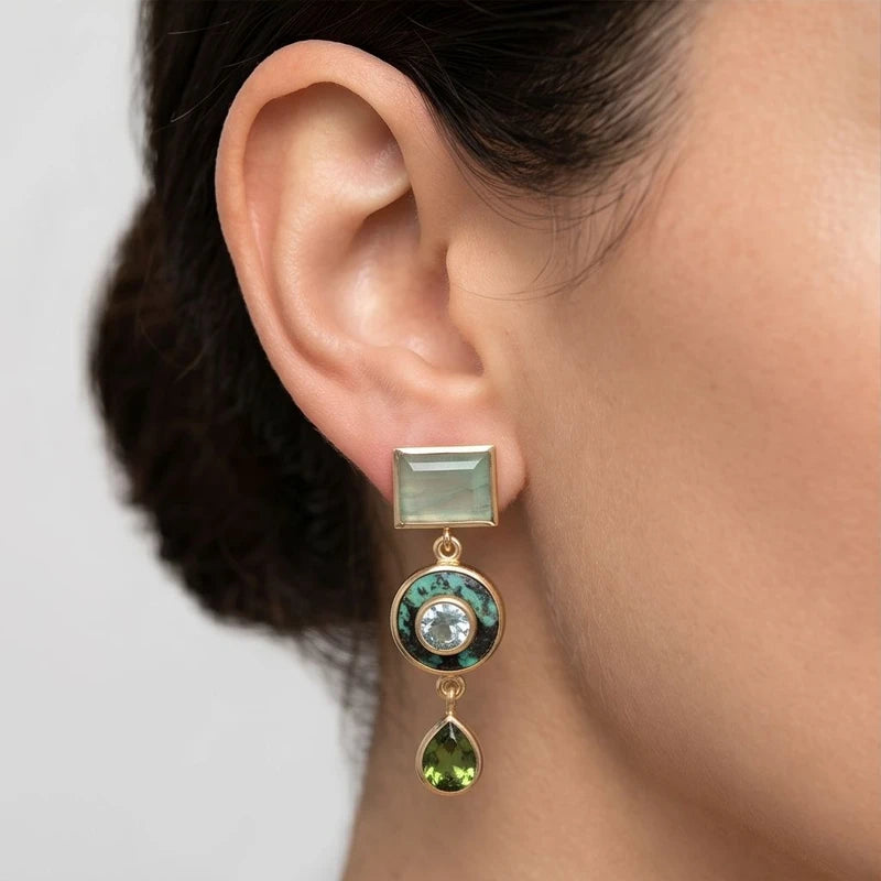 Model wearing Astoria Green Stone Drop Earrings Astoria Green Stone Drop Earrings close-up - 3