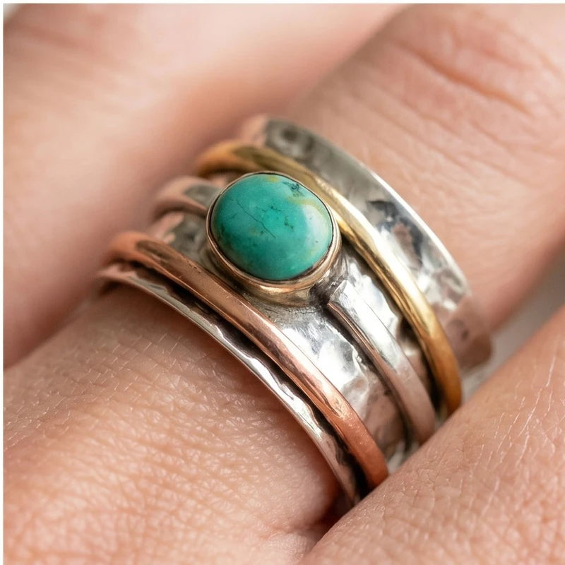 Model wearing 6 Isadora Turquoise Statement Ring close-up - 3