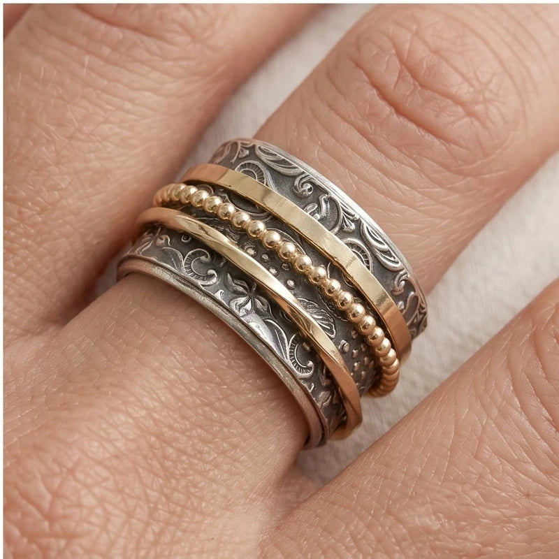 Model wearing 6 Celestine Vintage Gold & Silver Antique Ring close-up - 4