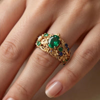 Model wearing Verdana Emerald Gemstone Gold Ring Verdana Emerald Gemstone Gold Ring close-up - 2