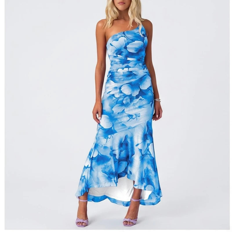Model wearing Blue dress in a studio