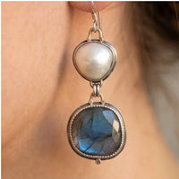 Model wearing Celeste Vintage Blue Gem & Pearl Drop Earrings Celeste Vintage Blue Gem & Pearl Drop Earrings close-up - 4